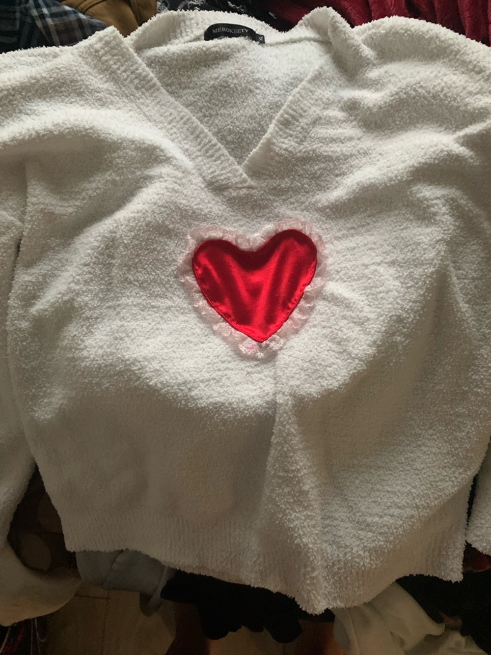 White Fuzzy V-Neck Sweater with Red Heart Patch